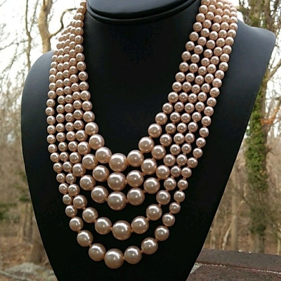 VINTAGE KJL 5-Strand Soft Pink Glass Pearl Necklace - Picture 2 of 16